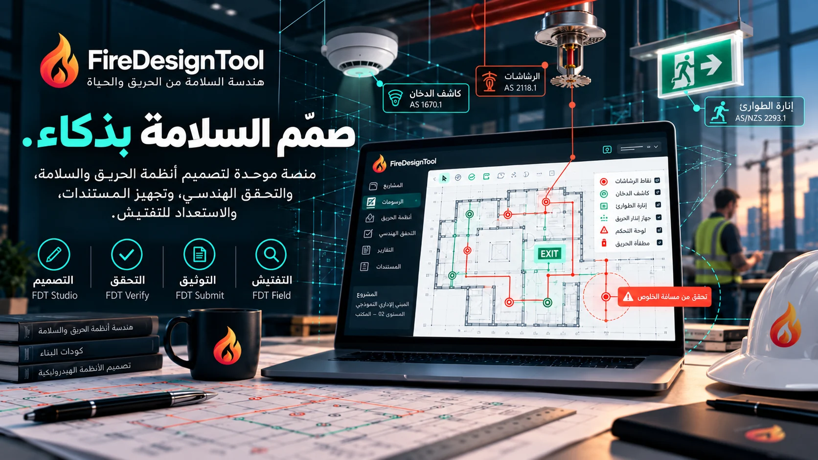 تصوّر لمساحة عمل FireDesignTool يضم مخطط مبنى وأنظمة الكشف والرشاشات وإنارة الطوارئ.